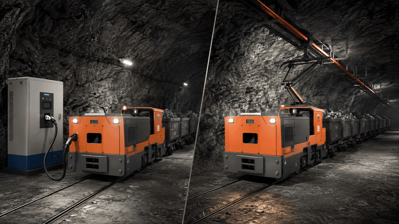 Conceptual side-by-side comparison of battery and trolley mining locomotive power systems underground