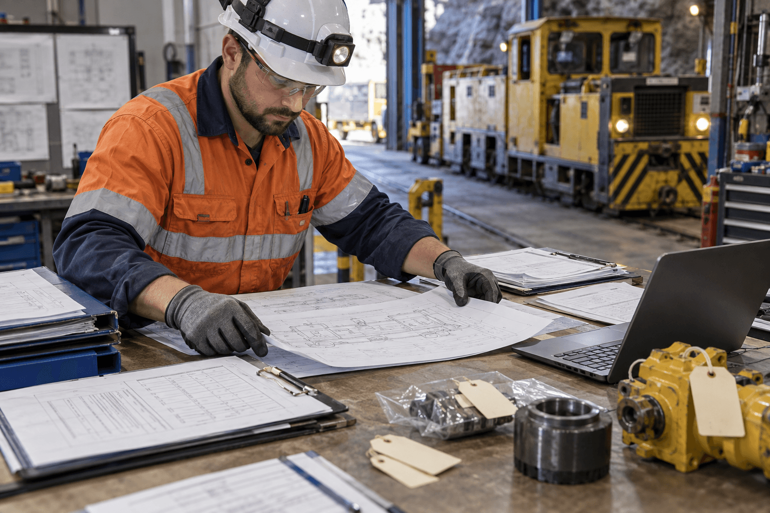 Ingenieur, der neben einer Bergbaulokomotive Zeichnungen, Bauteiltags und Übergabeprotokolle steuert