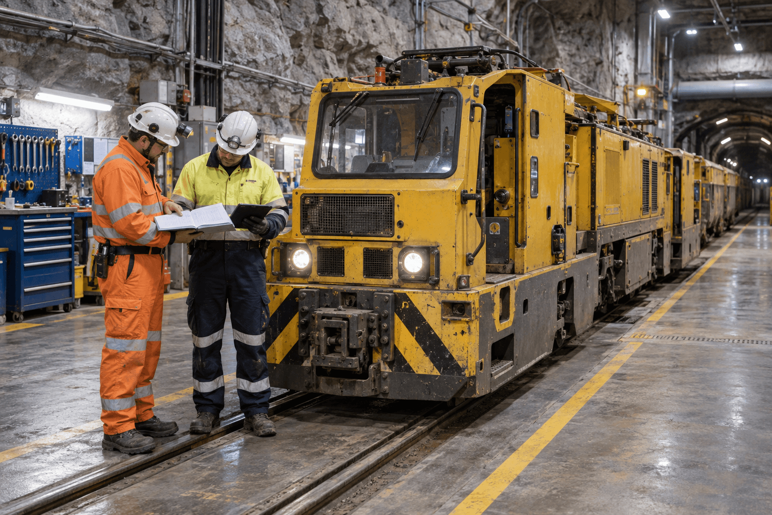 Ingenieure überprüfen ein technisches Übergabepaket neben einer unterirdischen Bergbaulokomotive