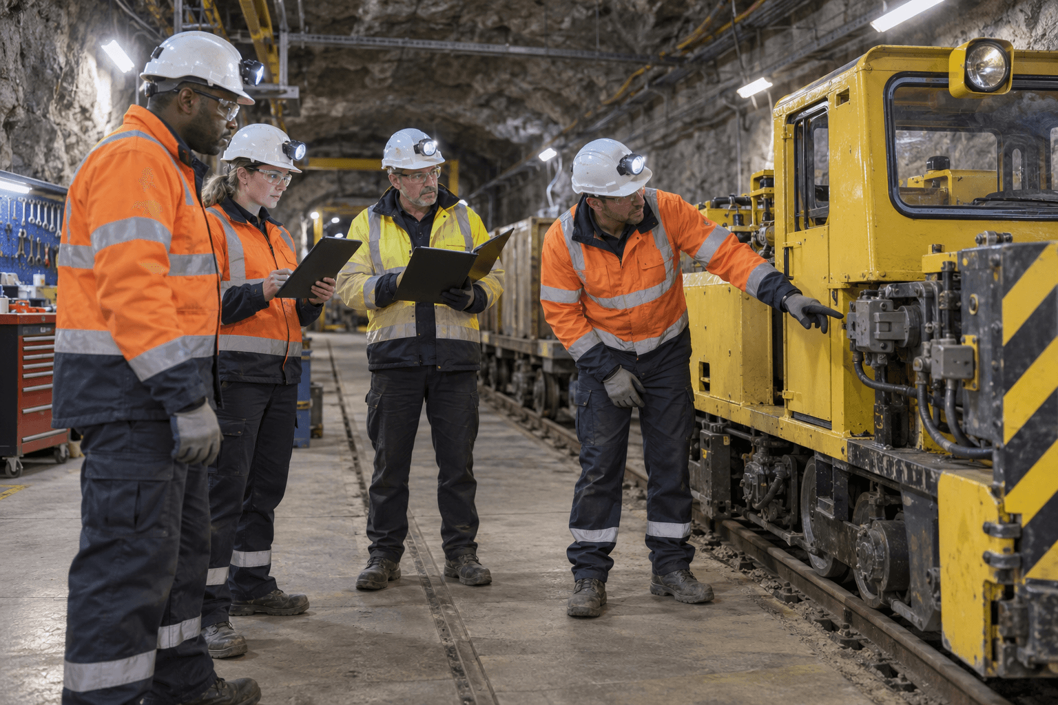 Engineering und Wartungsteam, das eine unterirdische Lokomotive übergibt