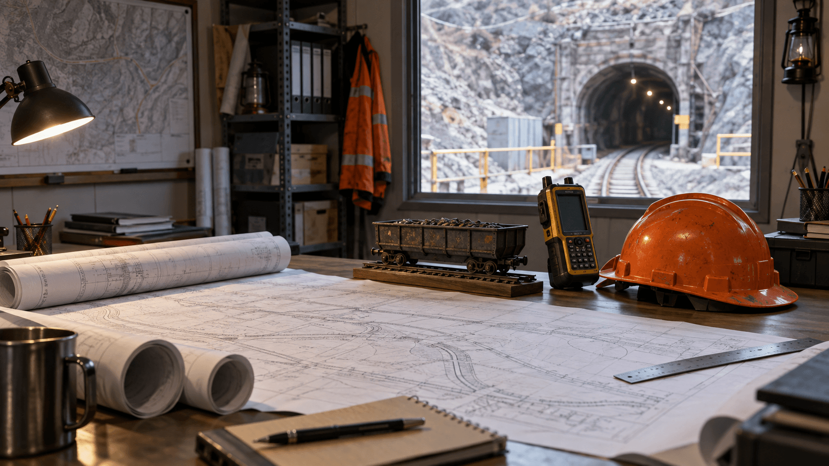Generic engineering planning desk with rail route material and survey instrument