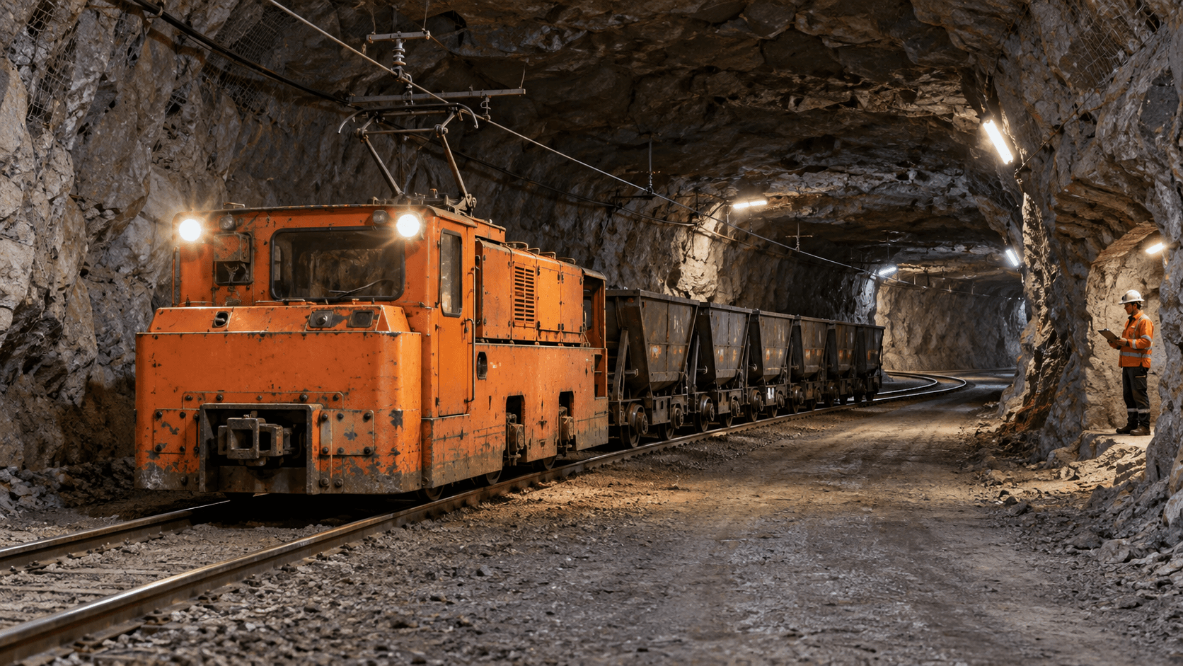 Generic orange underground mine locomotive and rail cars on a curved tunnel route