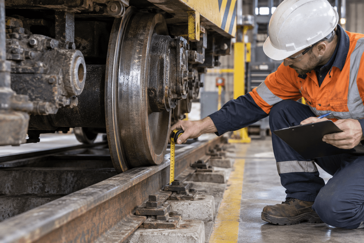Generic stationary mine locomotive wheel and rail inspection with measuring tools