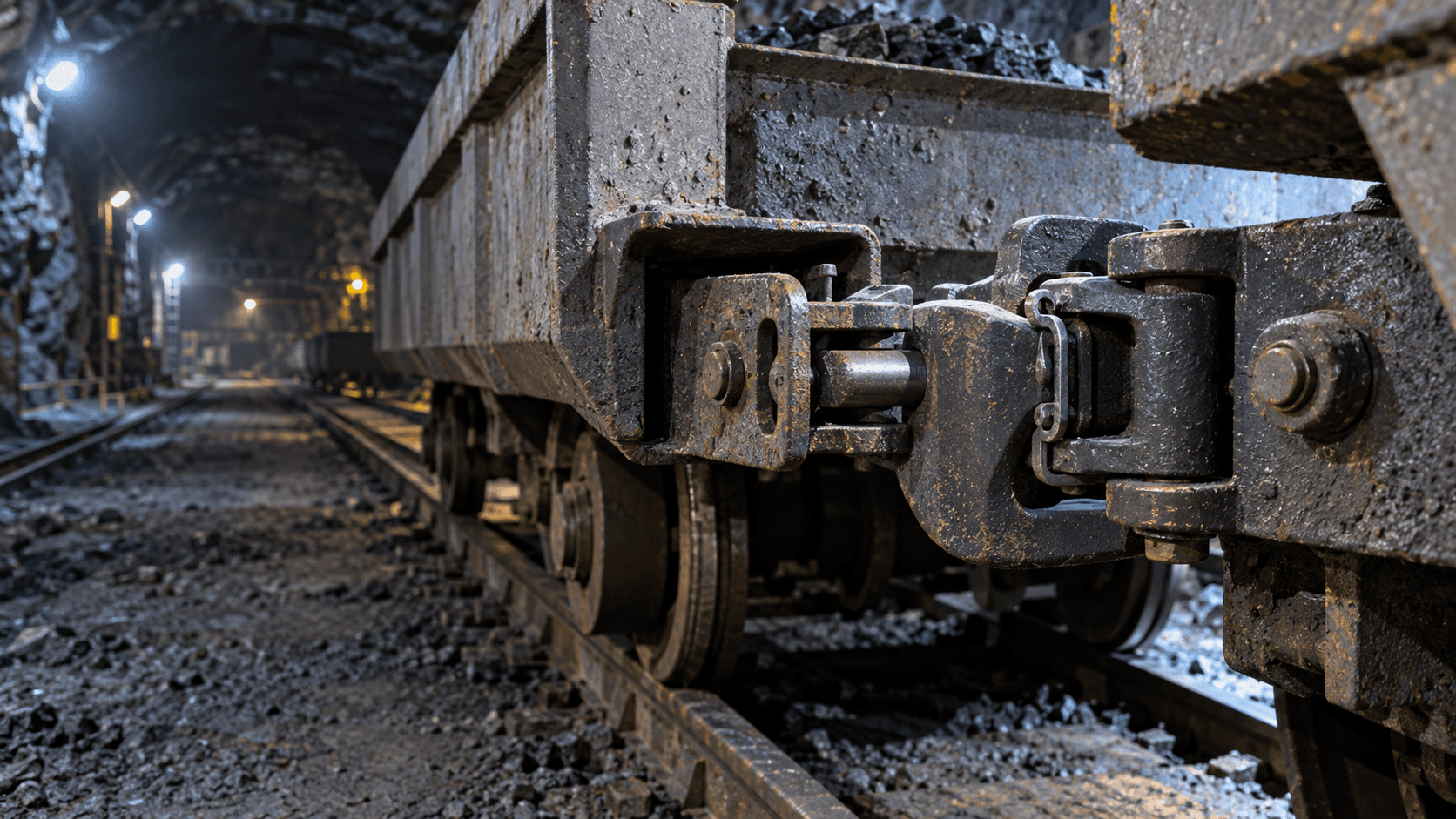 AI-generated illustration of a generic mine-car coupler interface in an underground rail siding