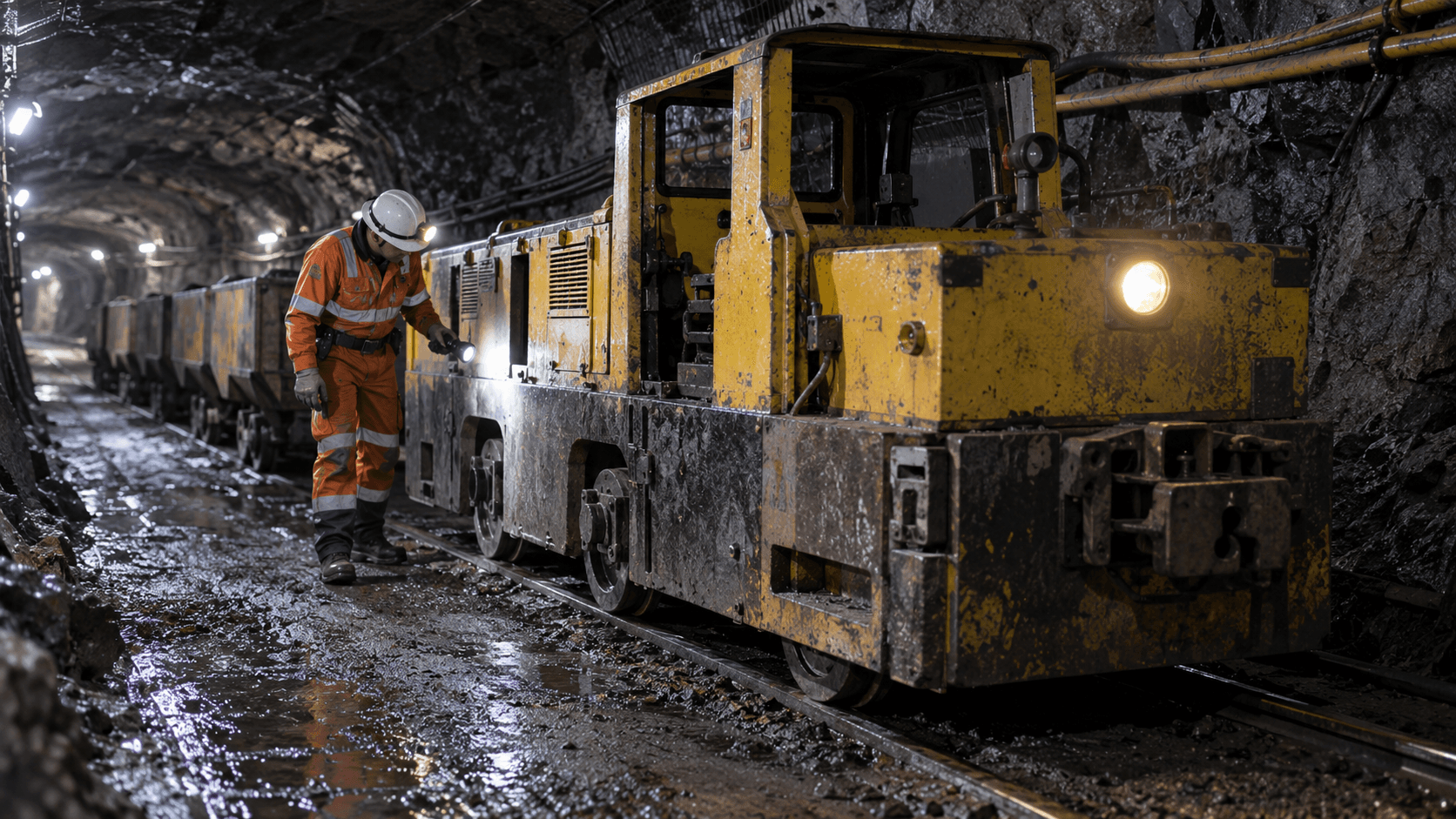 Betreiber, der vor dem Einsatz eine unterirdische Bergwerkslokomotive inspiziert