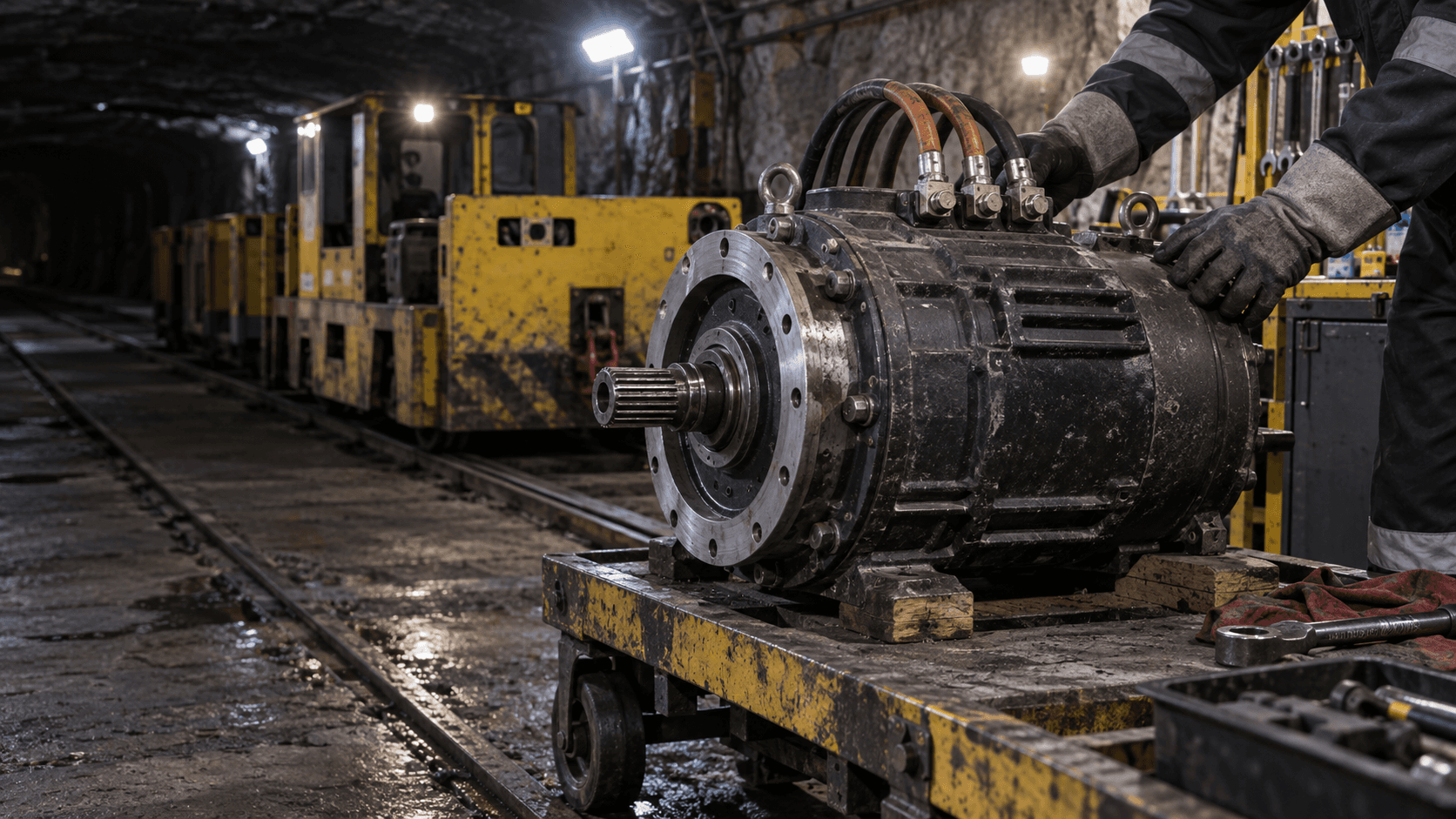 AI-generated illustration of a generic traction motor in an underground locomotive maintenance bay