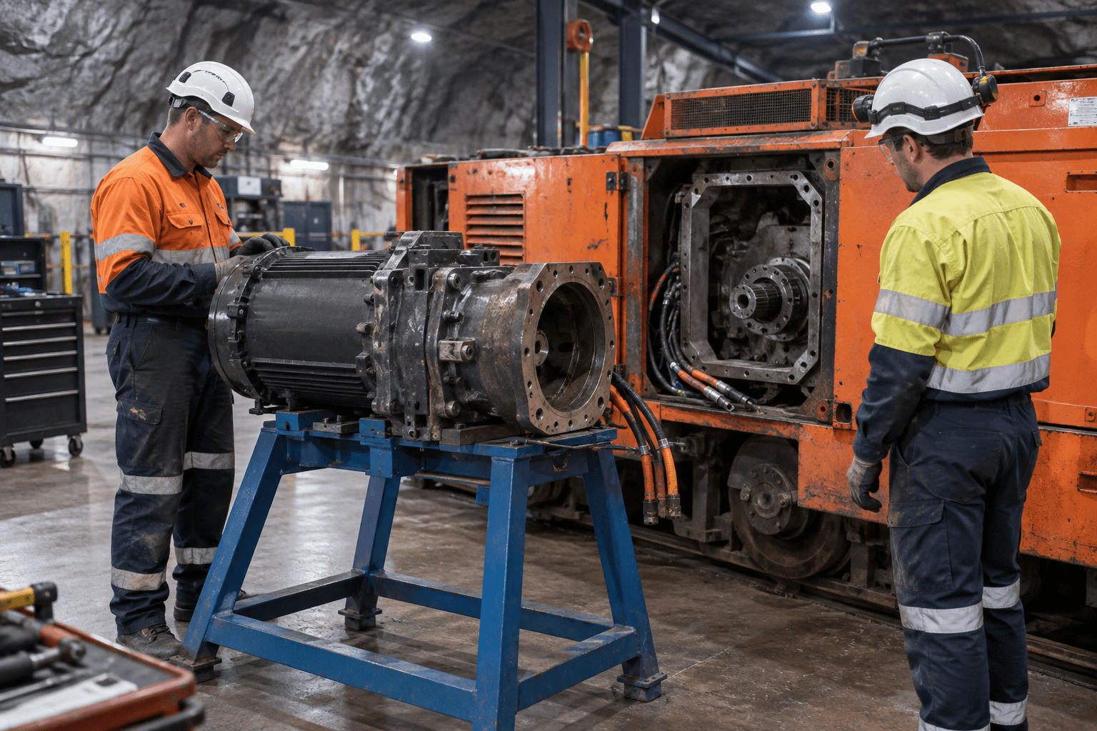 Ingenieure, die einen entfernten Triebmotor neben einer ortsfesten Bergwerklokomotive untersuchen