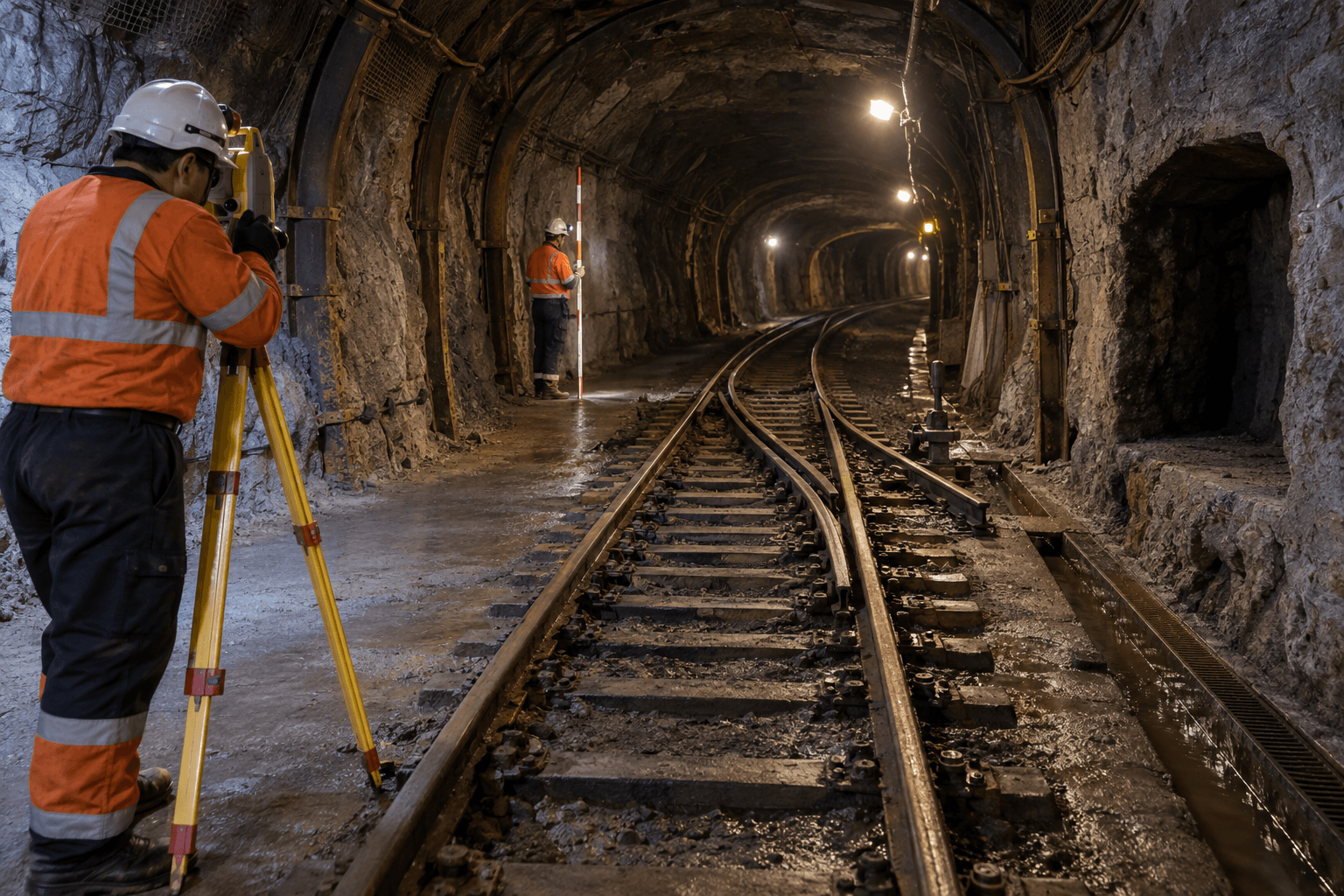 Generic survey team measuring underground rail turnout clearance and drainage channel