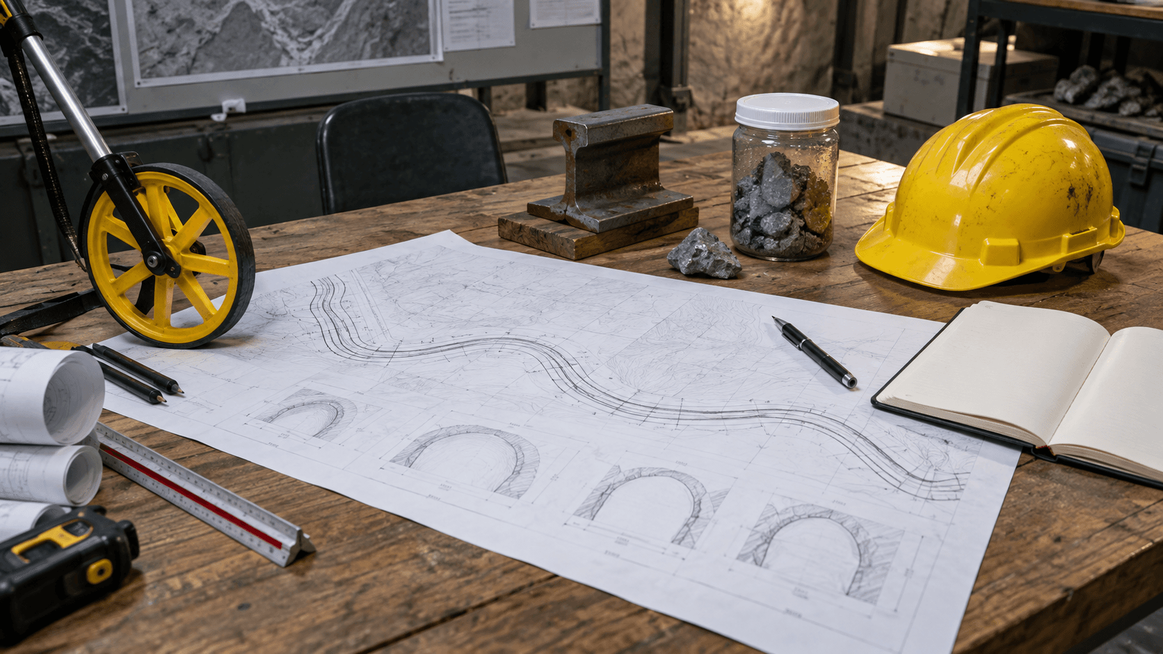 Generic underground rail survey planning material on an engineering worktable