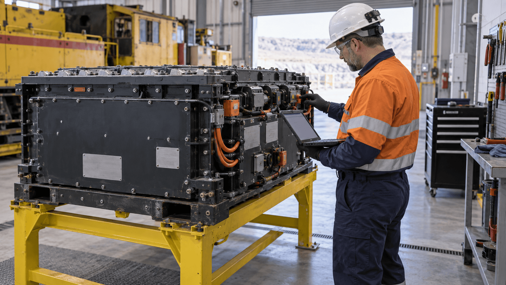 Ingenieur zur Beurteilung einer isolierten Antriebsbatterie in einem Wartungsschacht