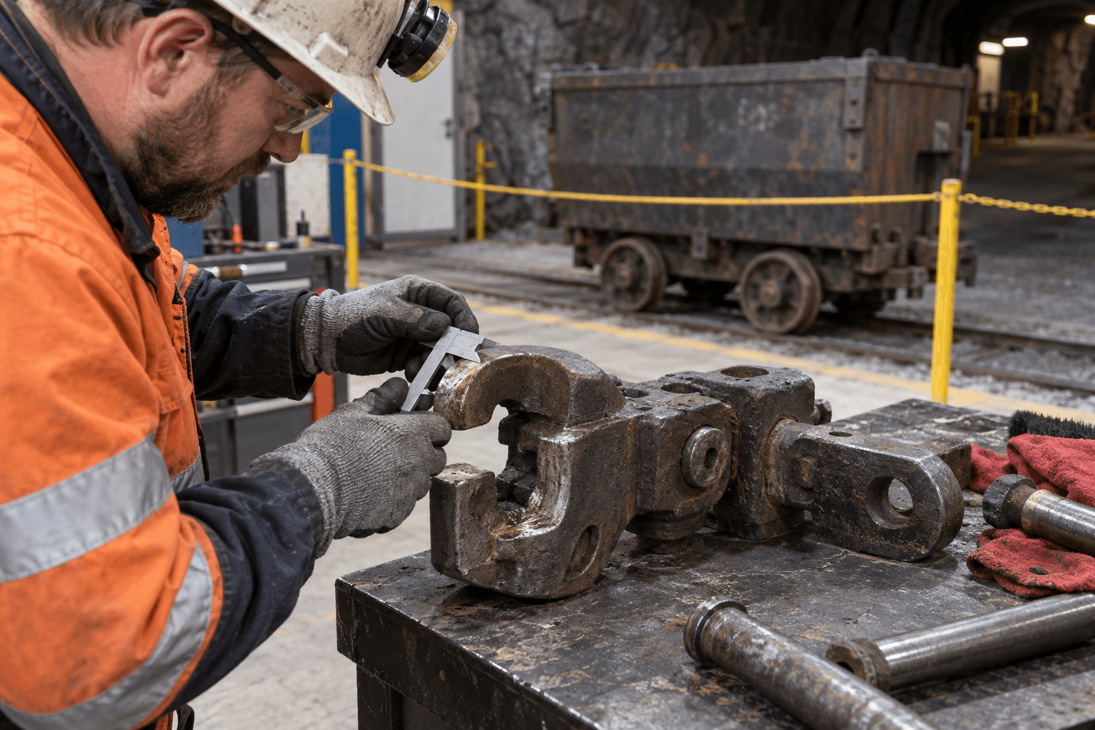 Mechanische Messung eines freistehenden Minenwagenkupplungsstücks auf einer Werkstattbank