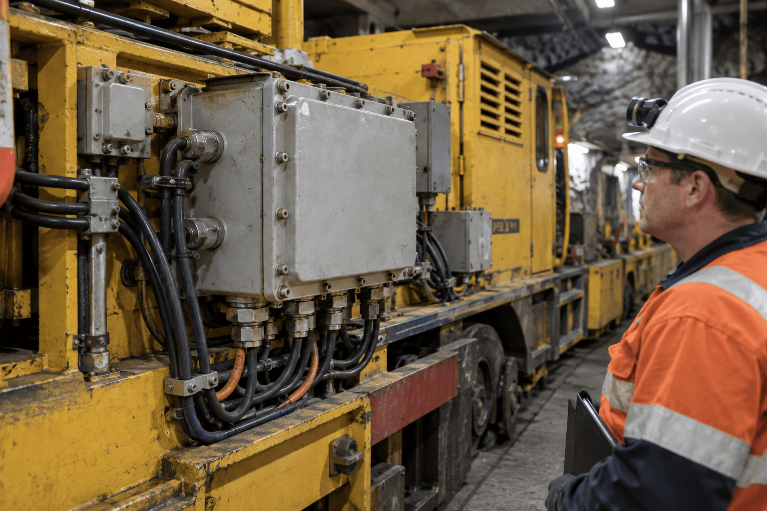 Generic underground locomotive electrical enclosure being inspected at a defined equipment interface