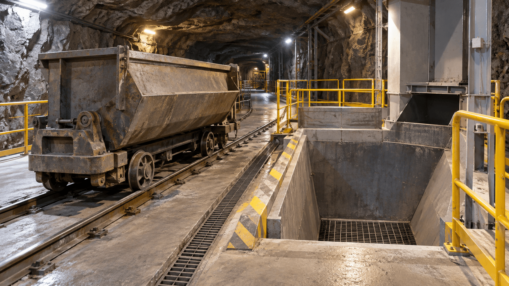 Generic underground locomotive in a review bay with an engineer checking project documentation