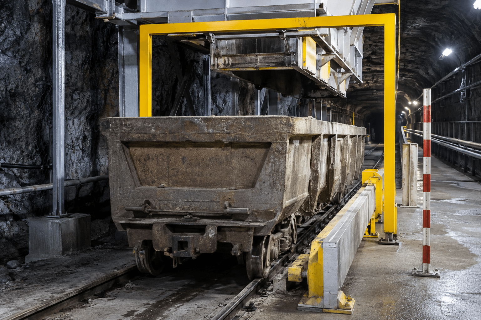 Generic underground mine car below a loading chute with a protected walkway