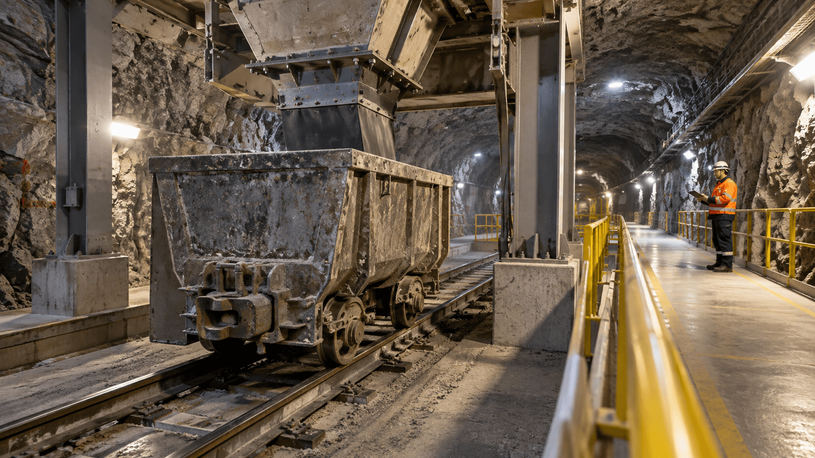 Generic mine car positioned beneath a loading interface with a visible clearance frame