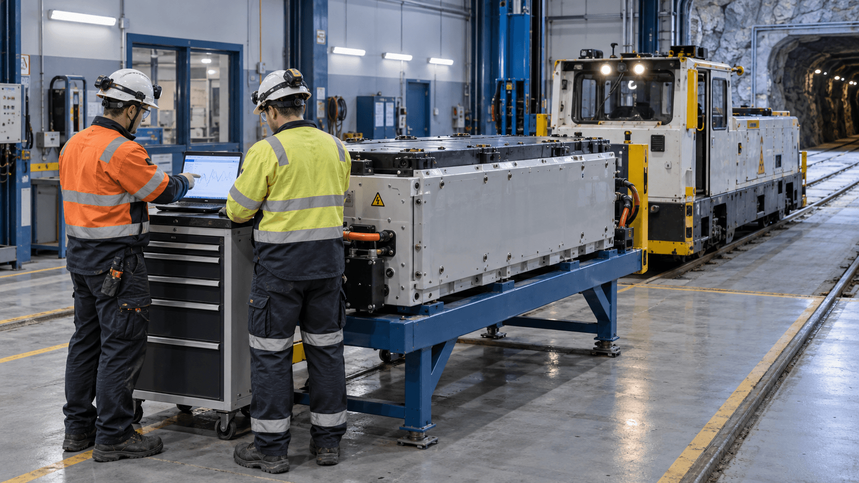 AI-generated illustration of a closed industrial traction battery being reviewed in a generic rail maintenance bay
