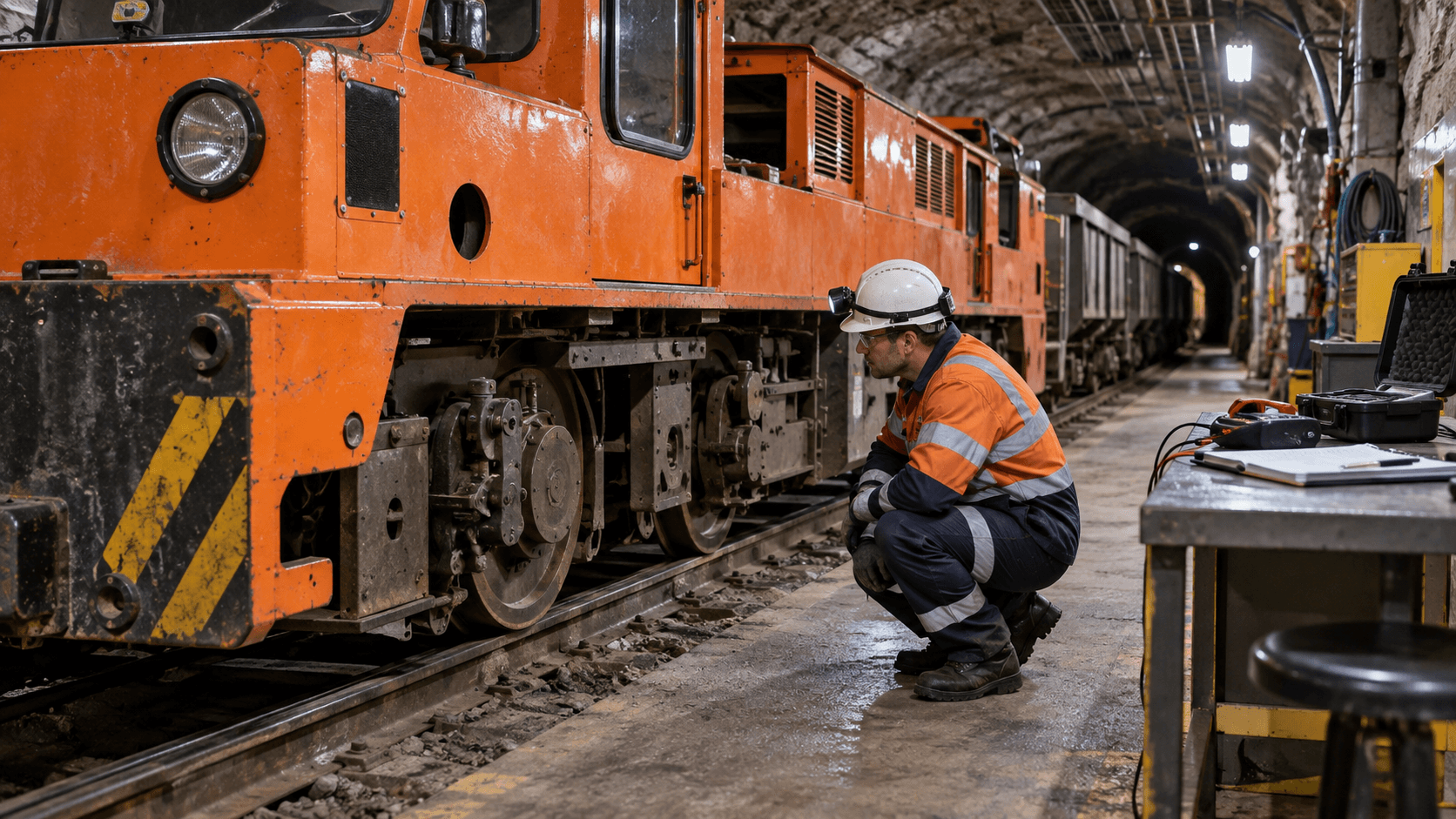 Technikerin inspizieren eines stationären Bergbaulokomotivenrads und Bremsenmontage