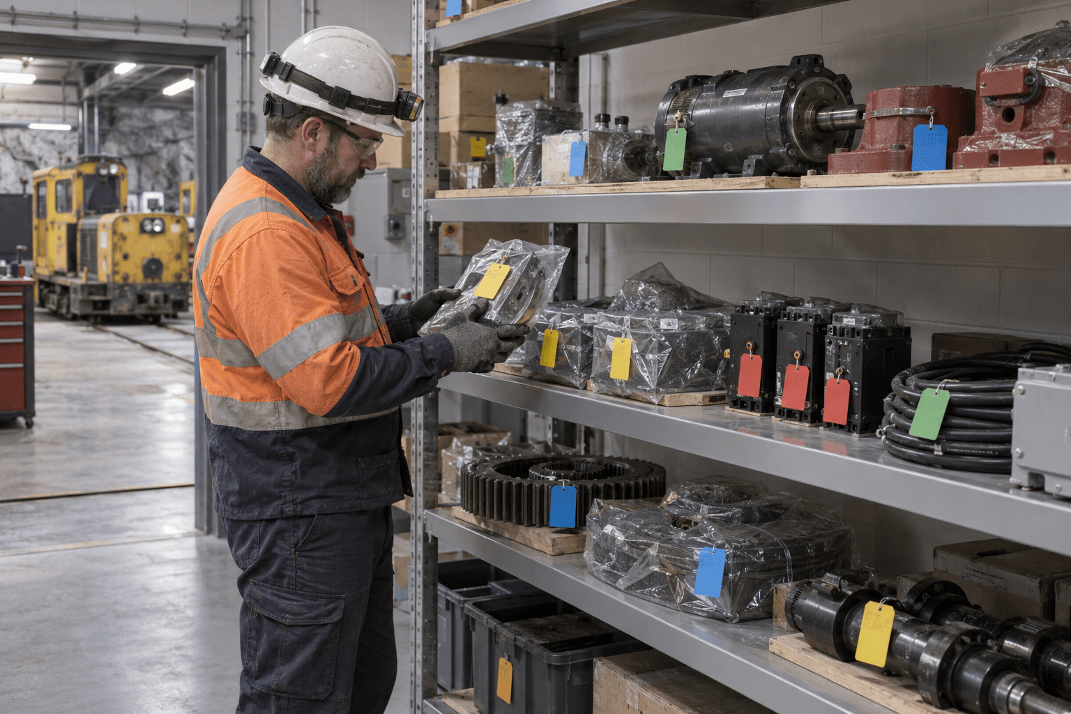 Stores specialist checking protected locomotive components in controlled shelving