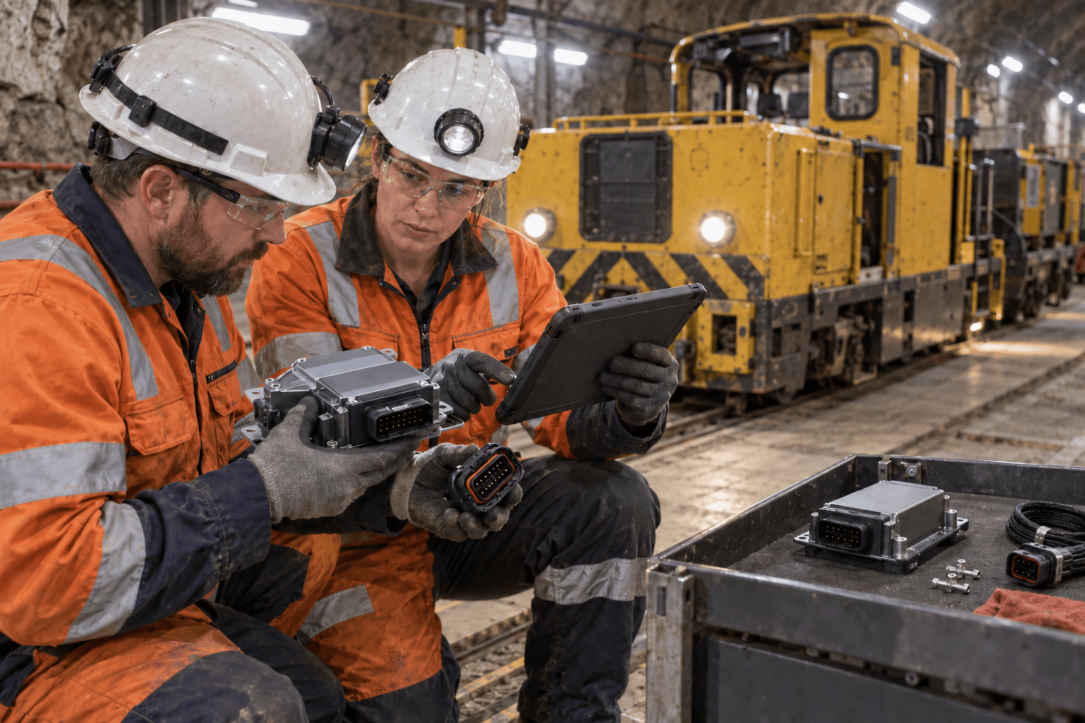 Technicians comparing a replacement electrical component with controlled interface information before issue
