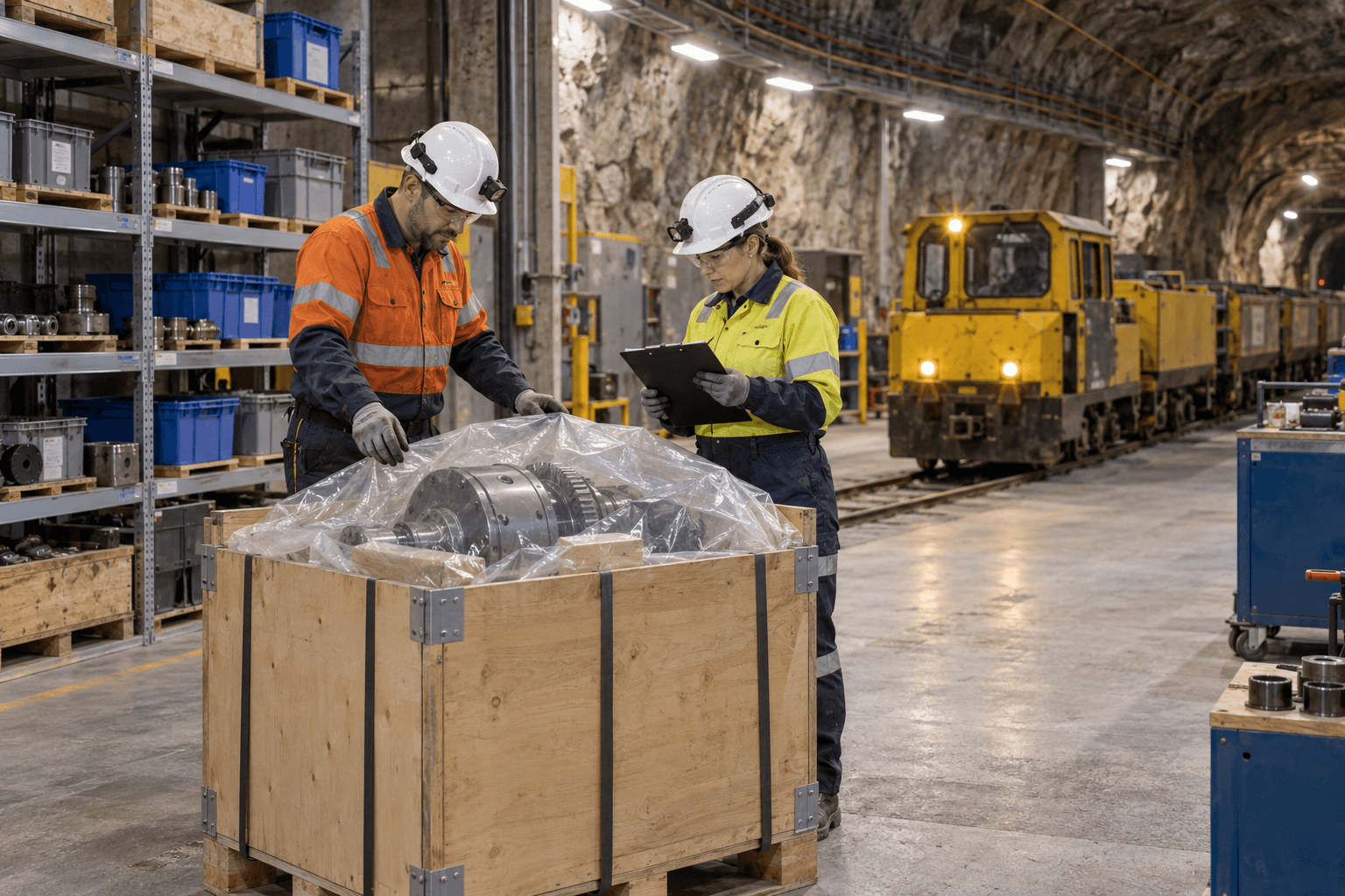 Maintenance team inspecting a received mine locomotive spare component before storage