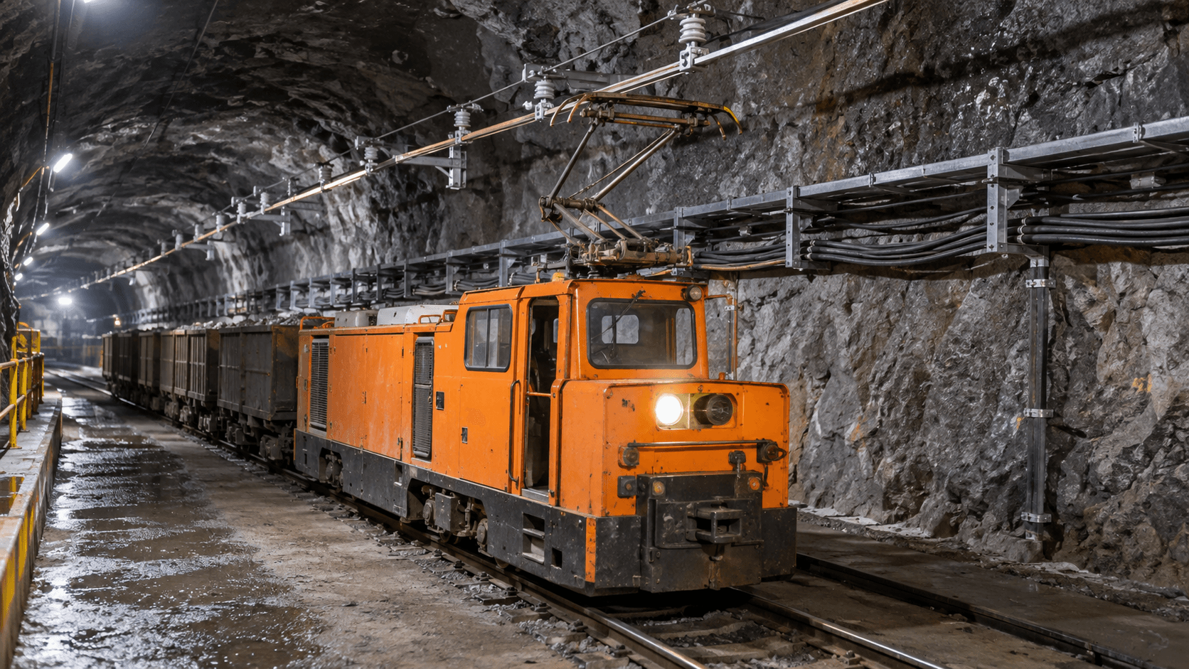 Trolley-Bergbaulokomotive unter Oberleitungskontaktleitern in einem Minentunnel