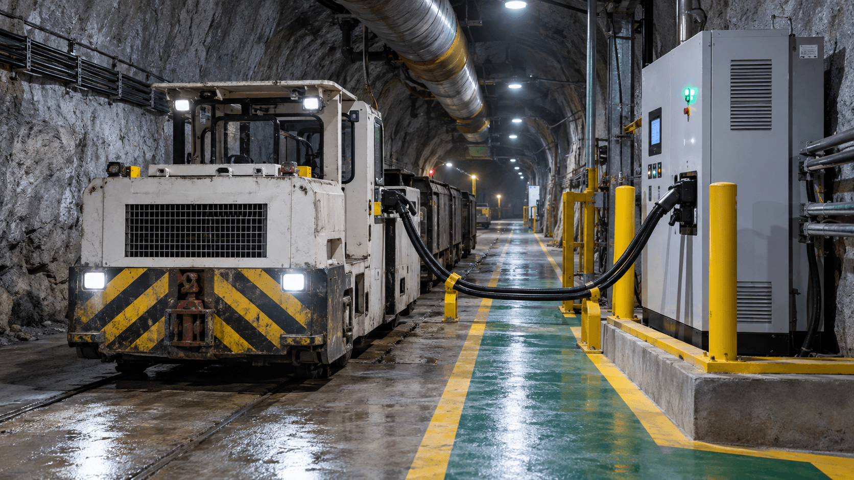 Batterieelektrische Bergwerklokomotive, die in einer unterirdischen Laderampe geparkt wird