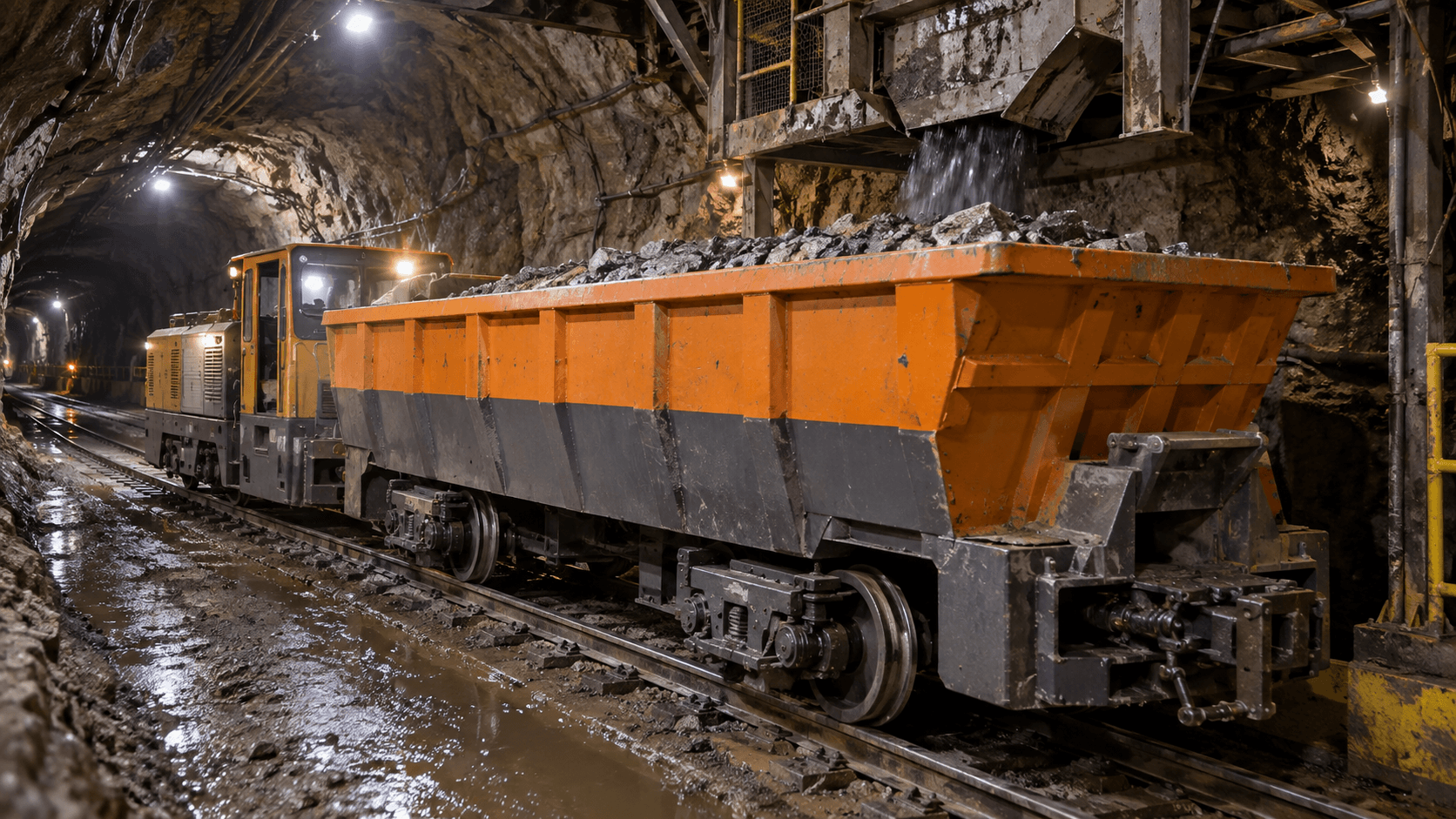Bergwerkswagen hinter einer elektrischen Lokomotive an einem unterirdischen Ladepunkt gekoppelt